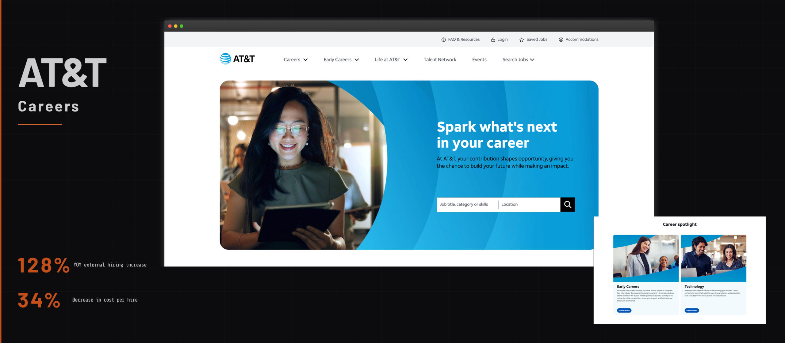 AT&T Careers — Career site desktop view with hero section and Career Spotlight