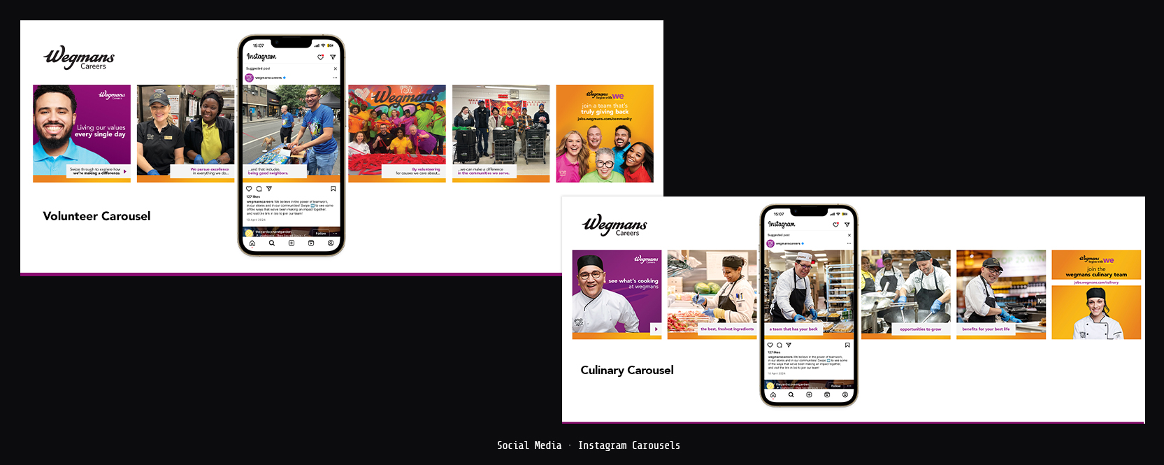 Wegmans Instagram carousel campaigns — Volunteer and Culinary carousel mockups
