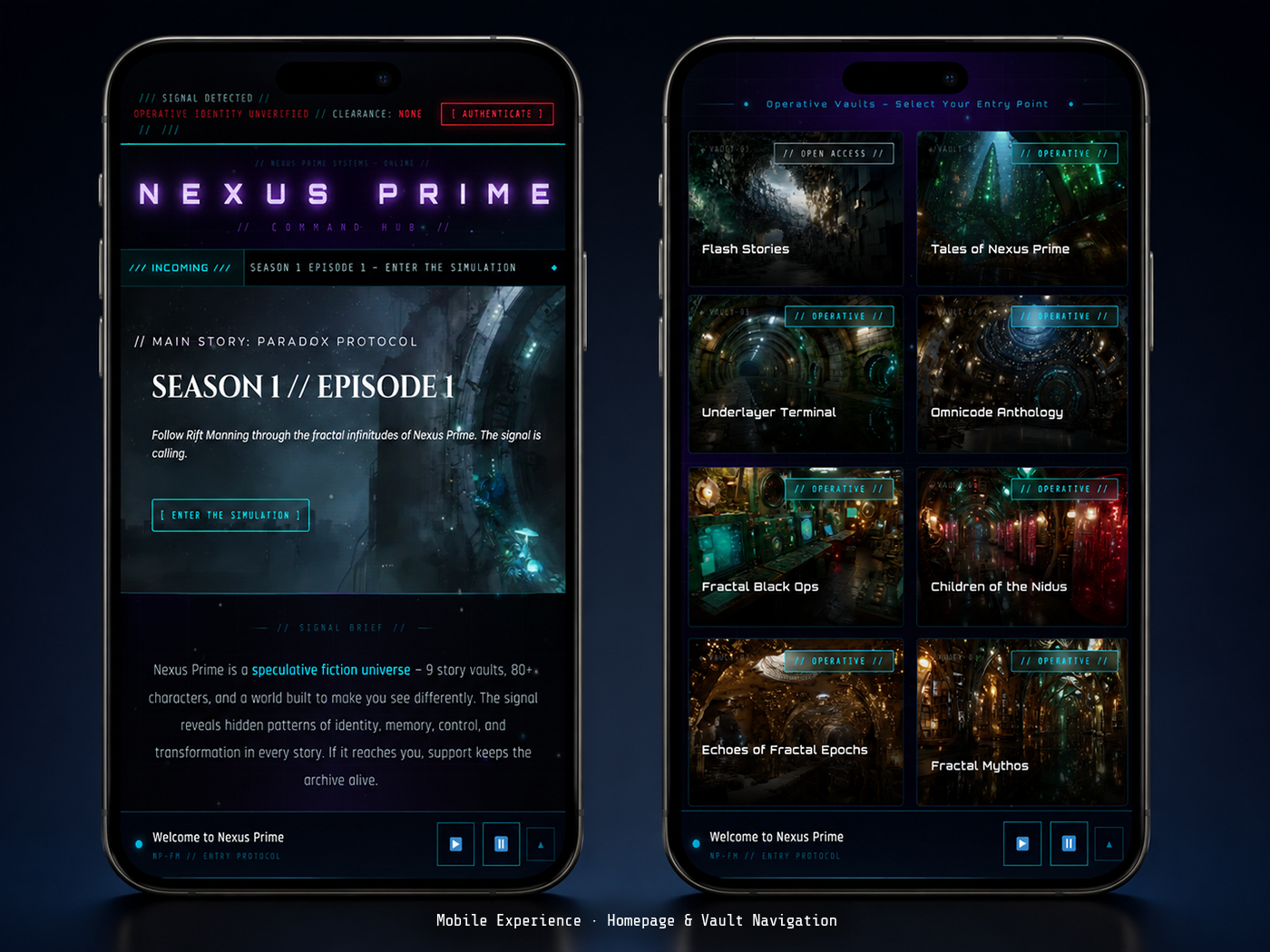 Nexus Prime — Mobile Experience · Homepage & Vault Navigation