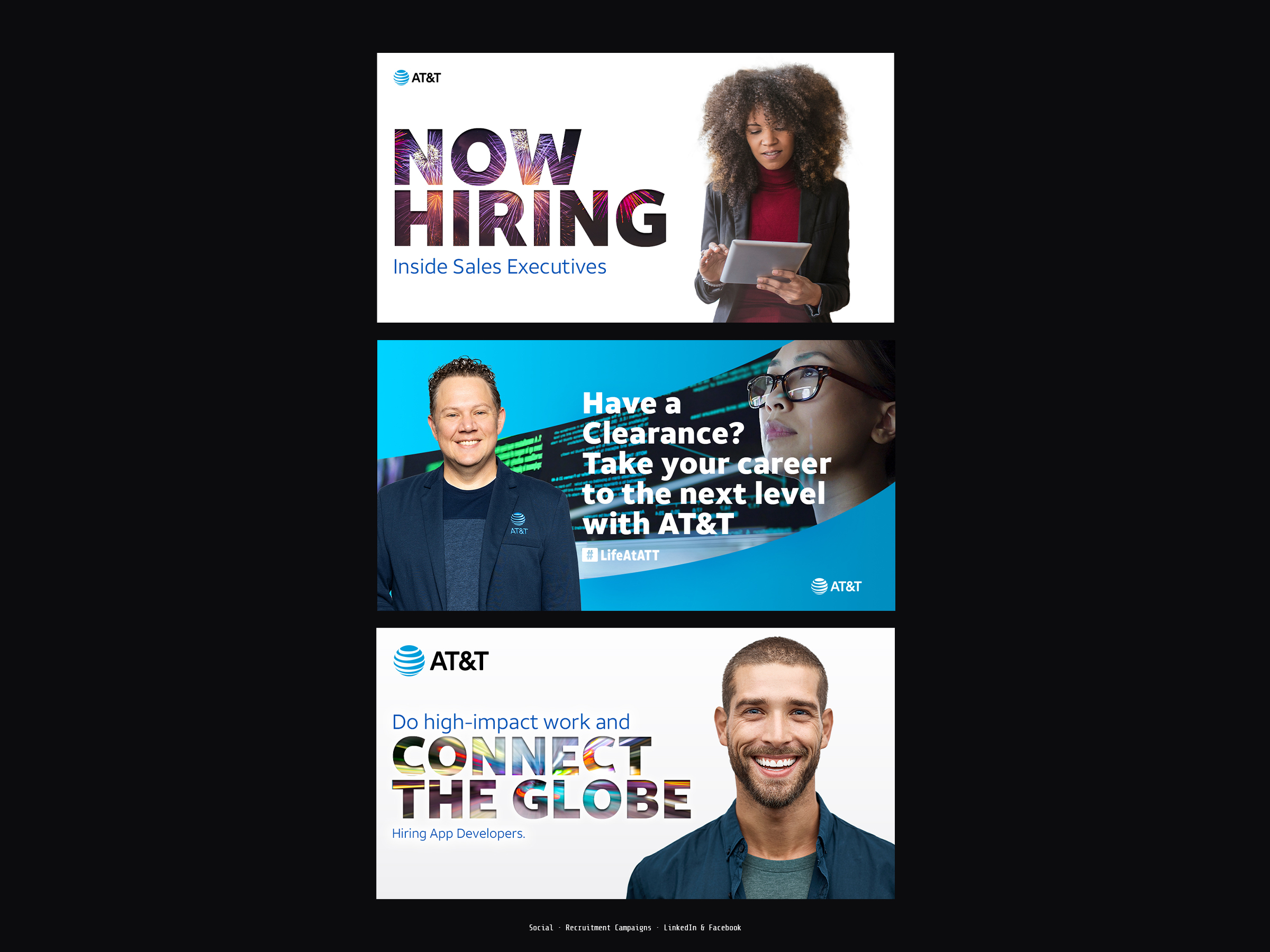 AT&T Careers — Social media recruitment campaigns: LinkedIn and Facebook ads across Inside Sales, Government & Defense, and App Developer audiences