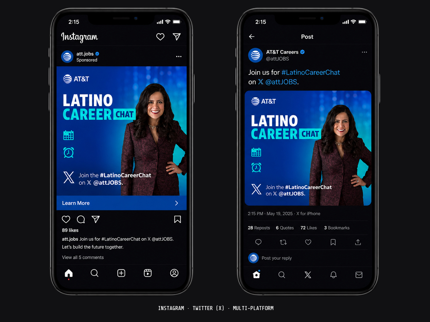 AT&T Careers — Social media campaign on Instagram and Twitter phone mockups