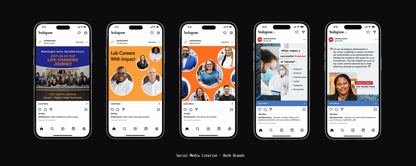Social media Instagram recruitment ads — BioLife and Takeda employer brand campaigns