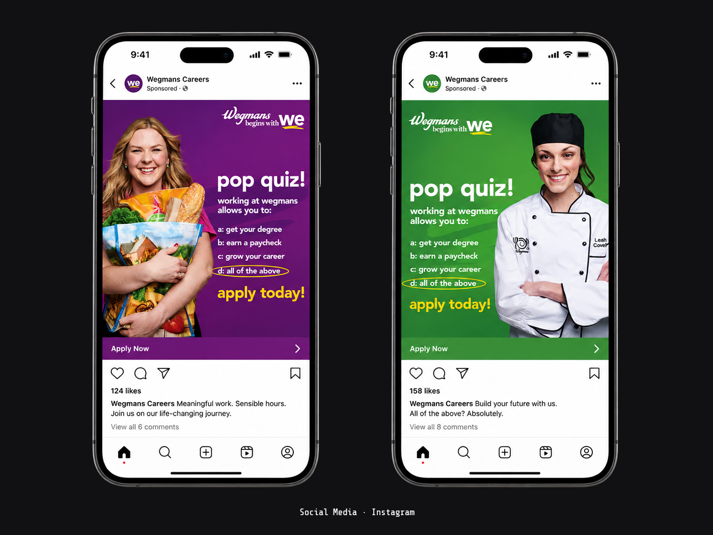Wegmans Careers — Instagram sponsored ads: Pop Quiz campaign across grocery and culinary audiences